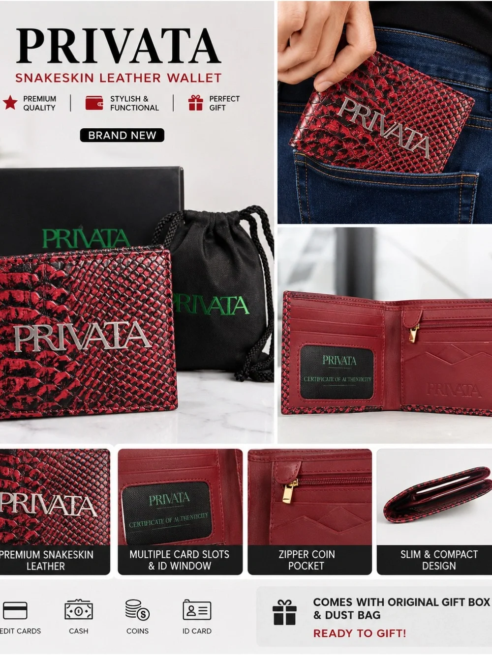 Men’s Red Snakeskin Leather Bi-Fold Wallet